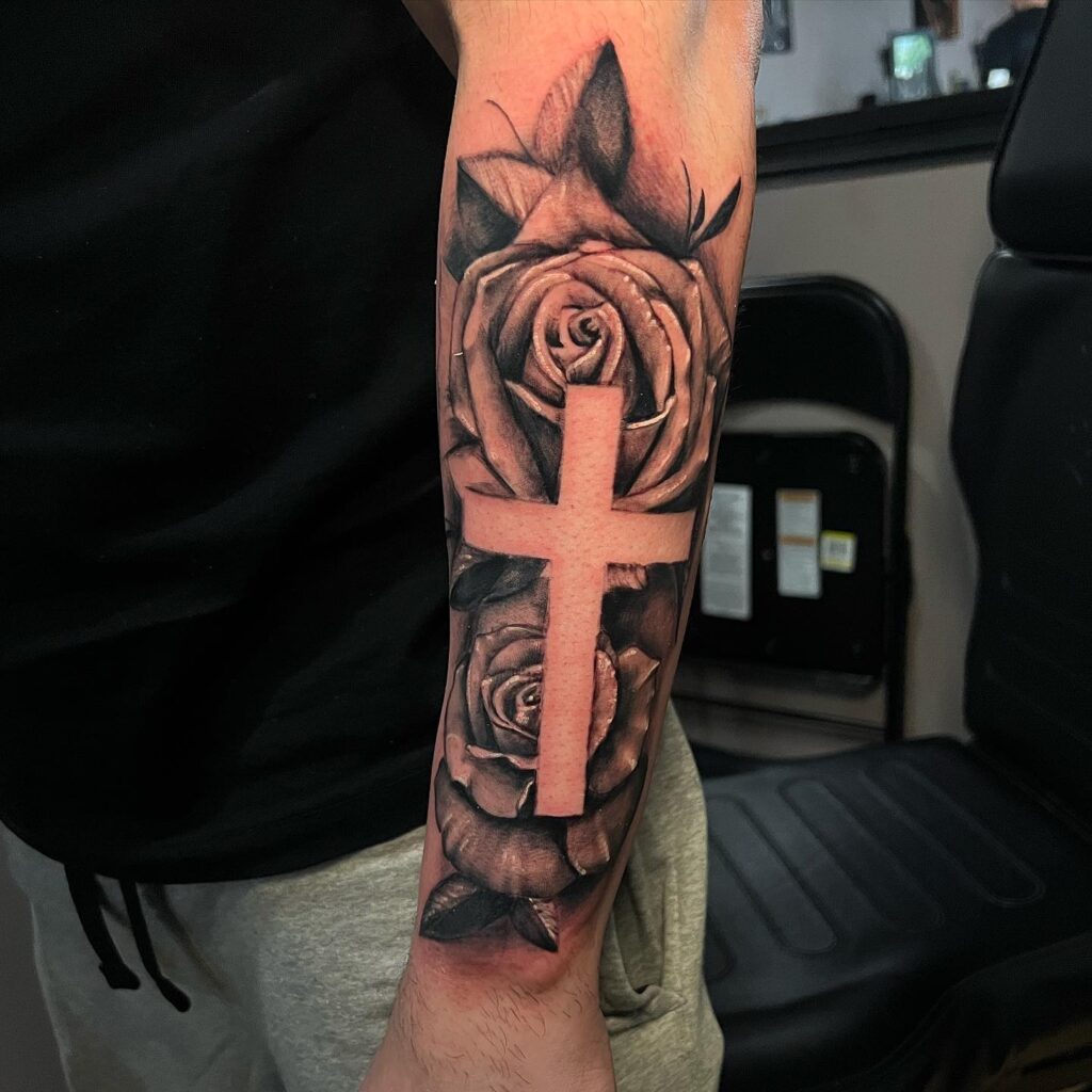 Lower Sleeve Fully Covered Cross with Roses Tattoo, a Tapestry of Faith: Sleeved Devotion