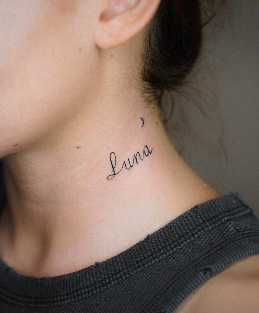 'Luna' Script Lettering with Crescent Moon on the Side of the Neck: Lunar Whispers