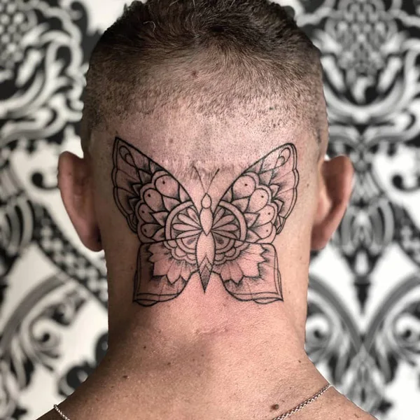 Mandala Butterfly Neck Tattoo