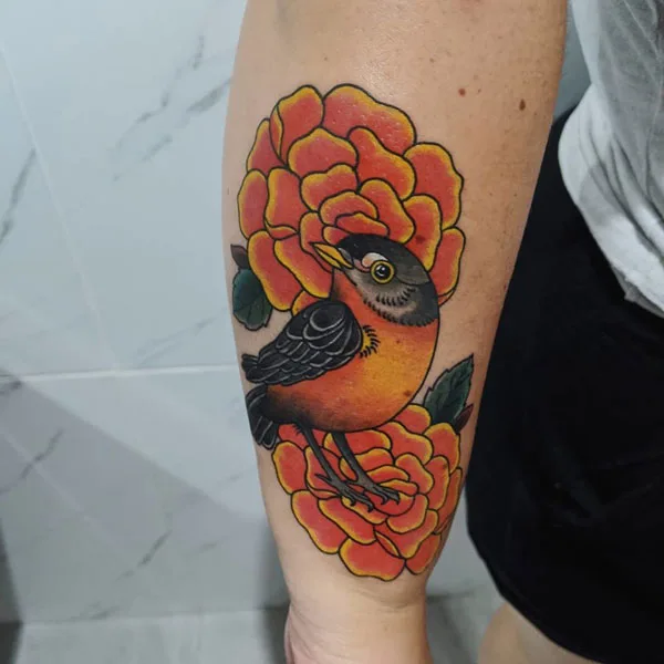 Marigold and bird tattoo 1