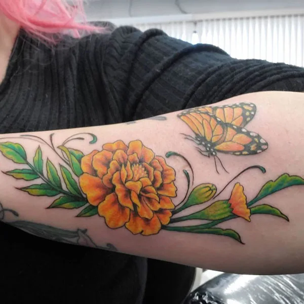 Marigold and butterfly tattoo 1