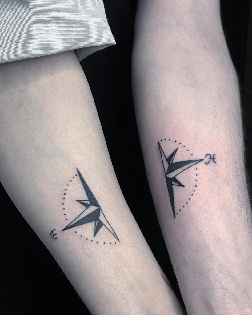 Matching Half Compass Tattoos on the Forearm for a Symbolic Bond: Couple's Direction