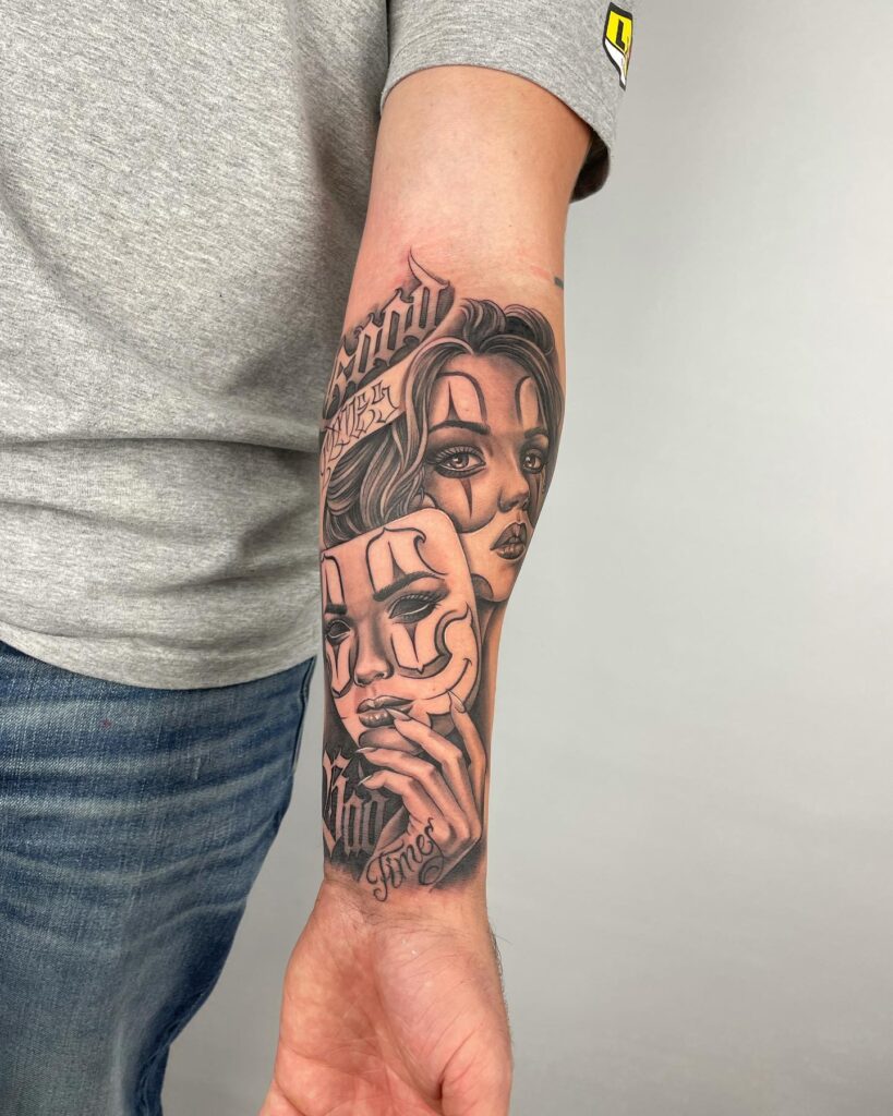 Meaningful arm tattoo for men laugh now cry later  reflective expression 