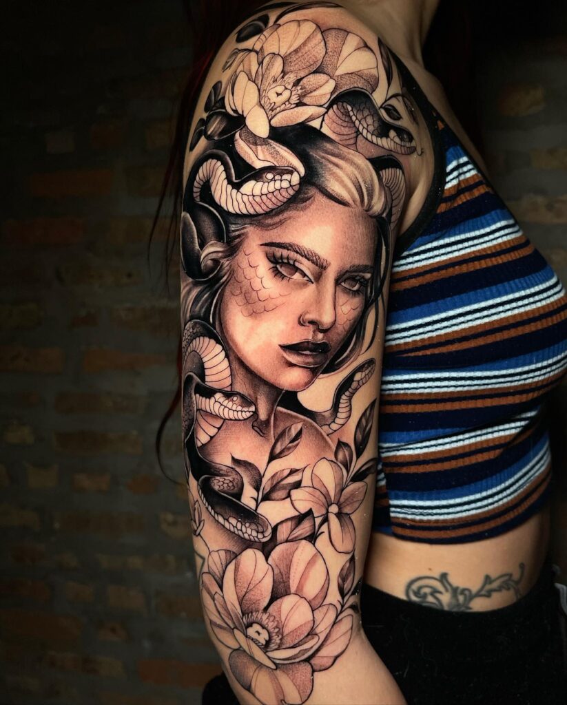 Medusa and snake with flower tattoo half sleeve mythical venom and blooming beauty