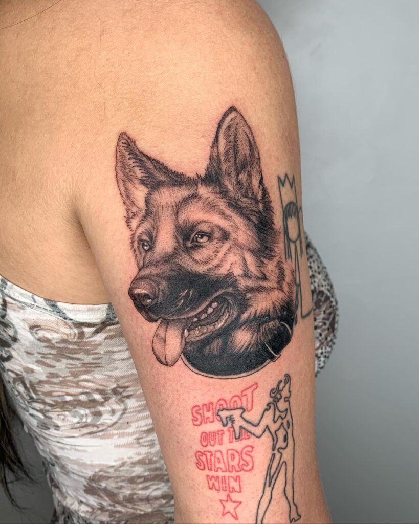 Memorial Portrait Tattoo of German Shepherd on Womens Arm Loving Tribute to a Beloved Pet
