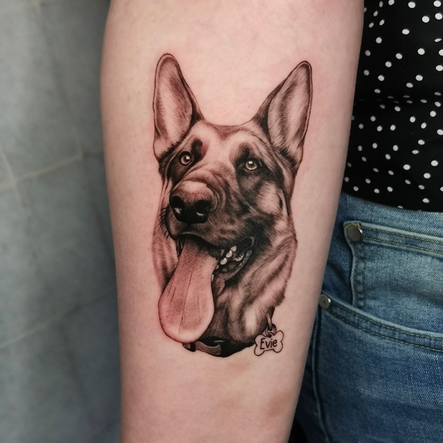 Memorial german shepherd tattoo on forearm for girls forever in ink