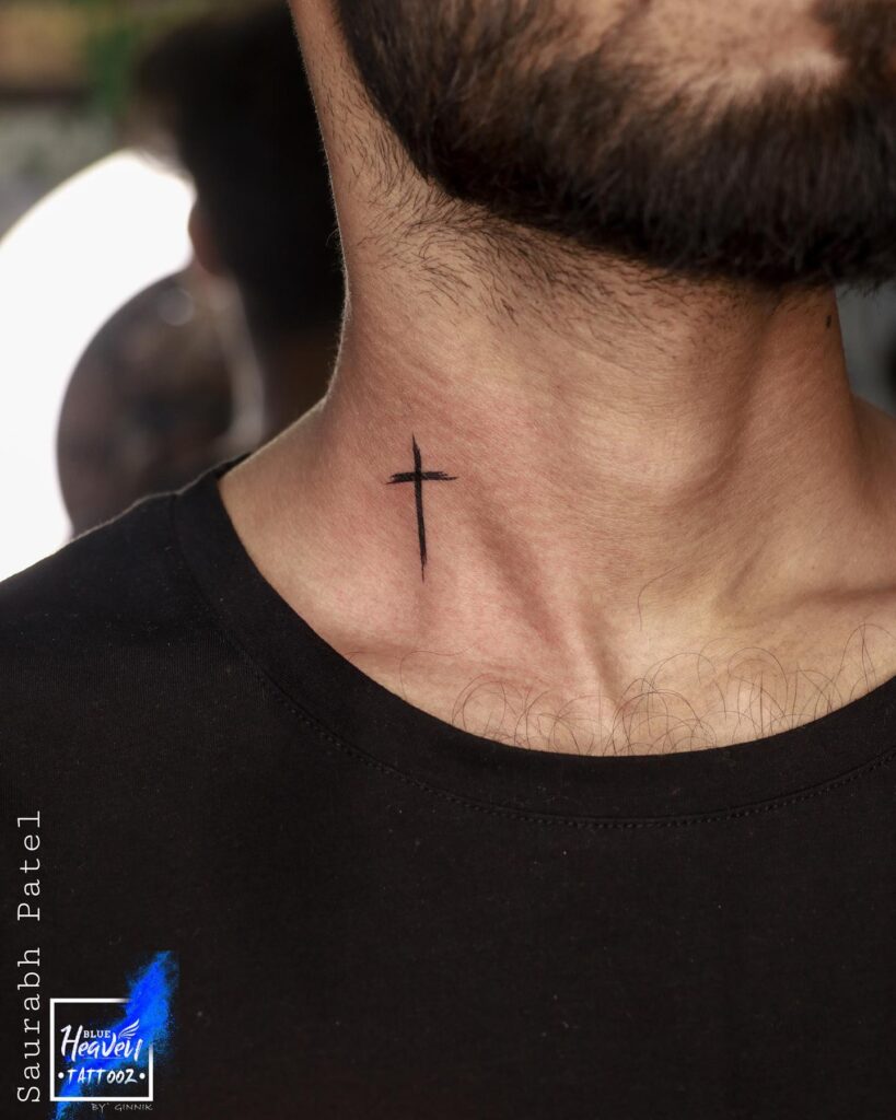 Men cross tattoo on neck fineline simple