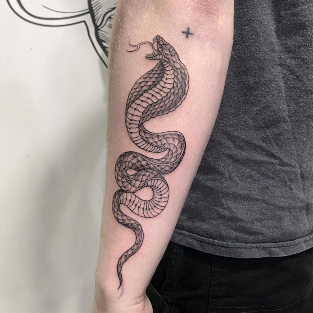 Men's cobra tattoo on the outer forearm: forearm viper