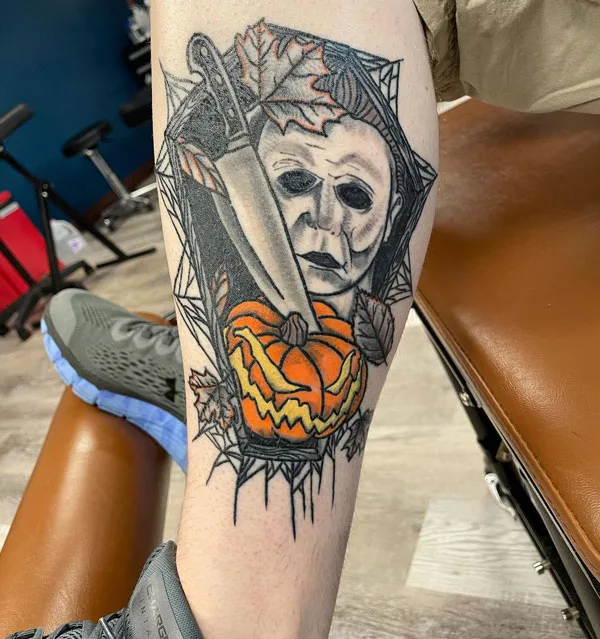 Michael Myers leg tattoo