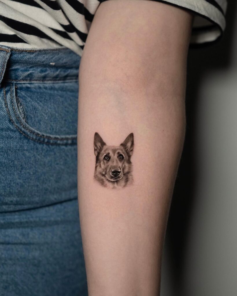Micro-Realism German Shepherd Portrait Tattoo on the Inner Forearm: Micro Guardian