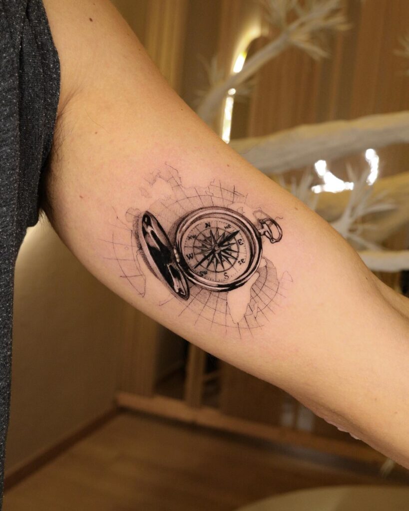 Micro Realism Open Compass Tattoo on the Bicep for Precision and Direction: Bicep Explorer