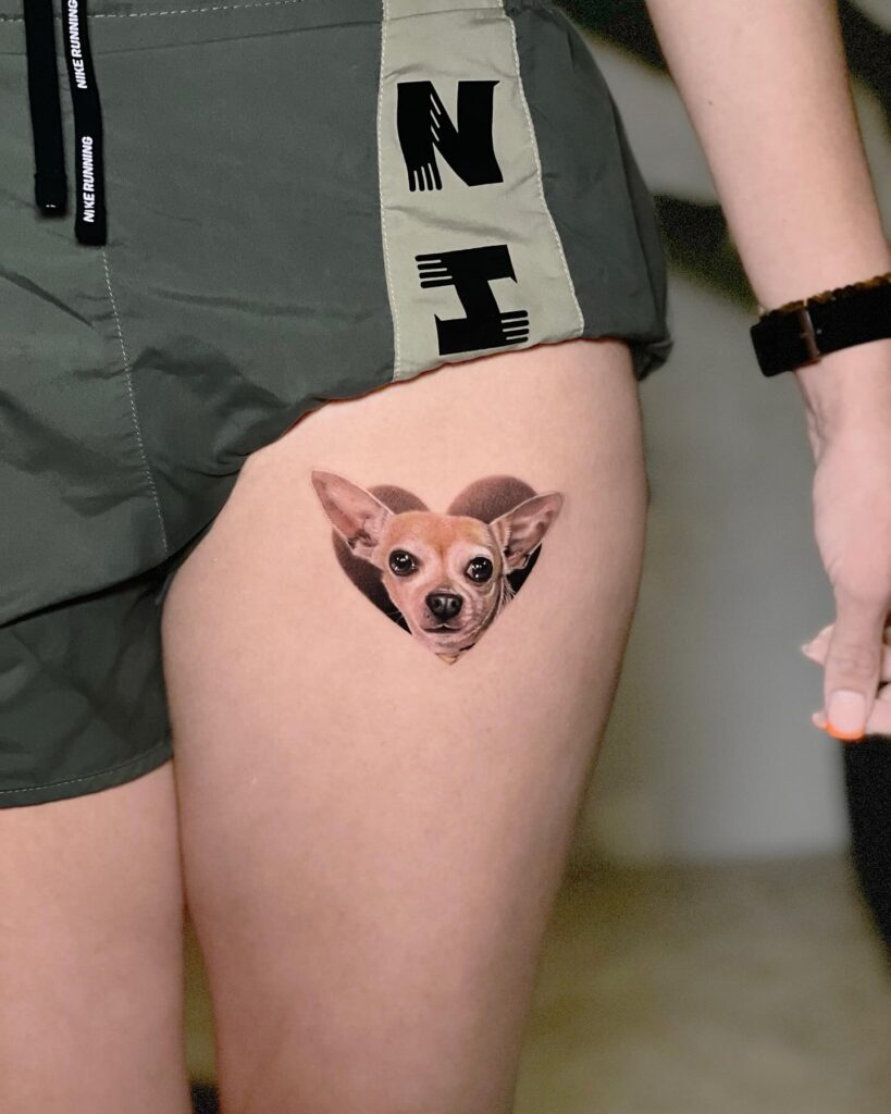 Microrealism Portrait Tattoo of a Chihuahua on the Thigh: Colorful Chihuahua Chic