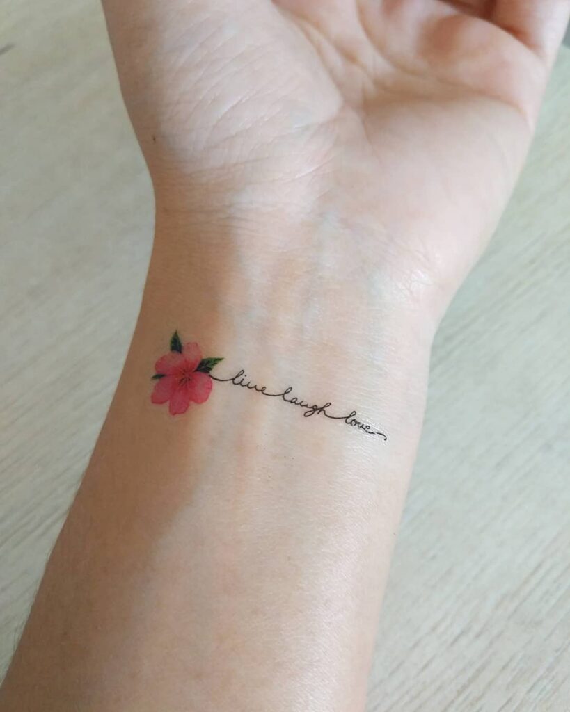 Mini 'Live Love Laugh' Handwriting Tattoo with Colorful Flowers: Wrist Elegance