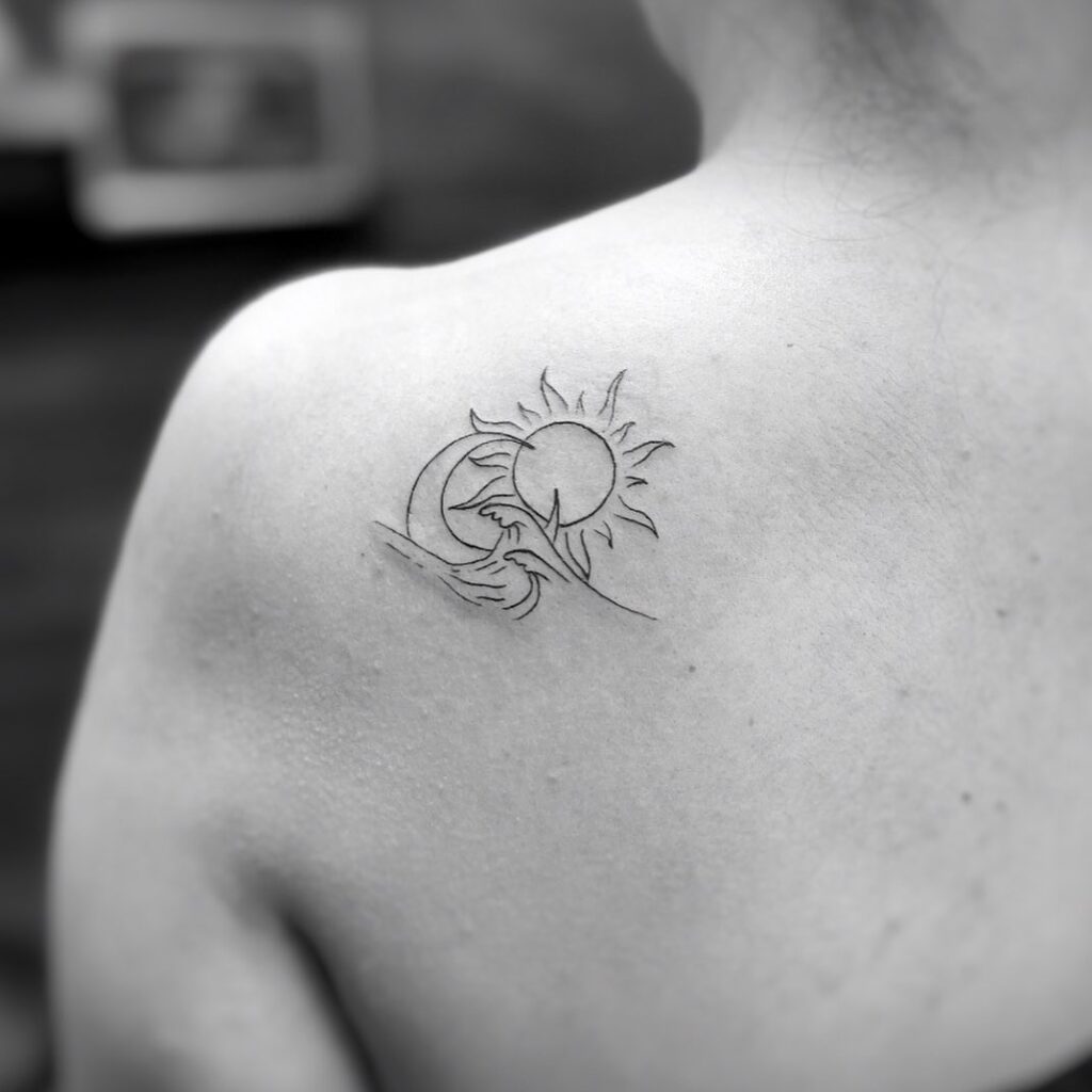 Minimal Moving Wave and Sun Tattoo Serenity and Vitality
