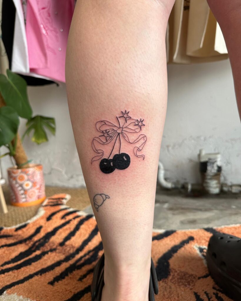 Minimalist Cherry Branch Tattoo, Chicly Placed on the Calf: Cherry Charisma 