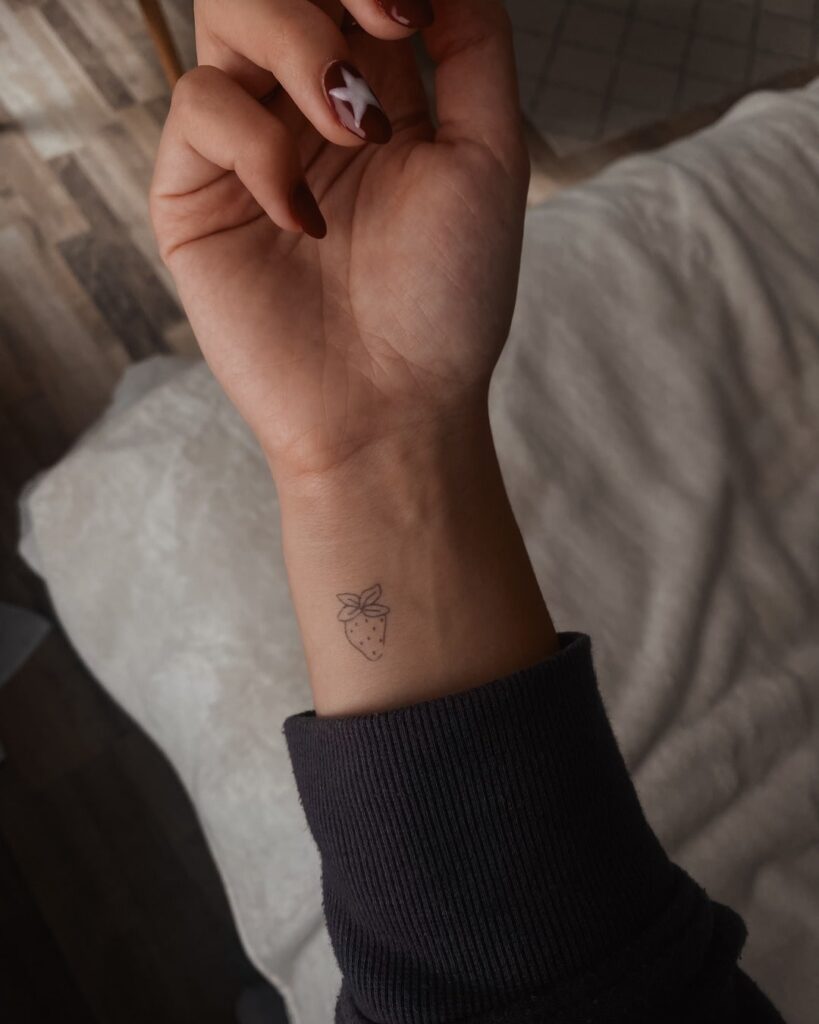 Minimalist Fineline Tattoo on the Inner Wrist: Strawberry Whimsy
