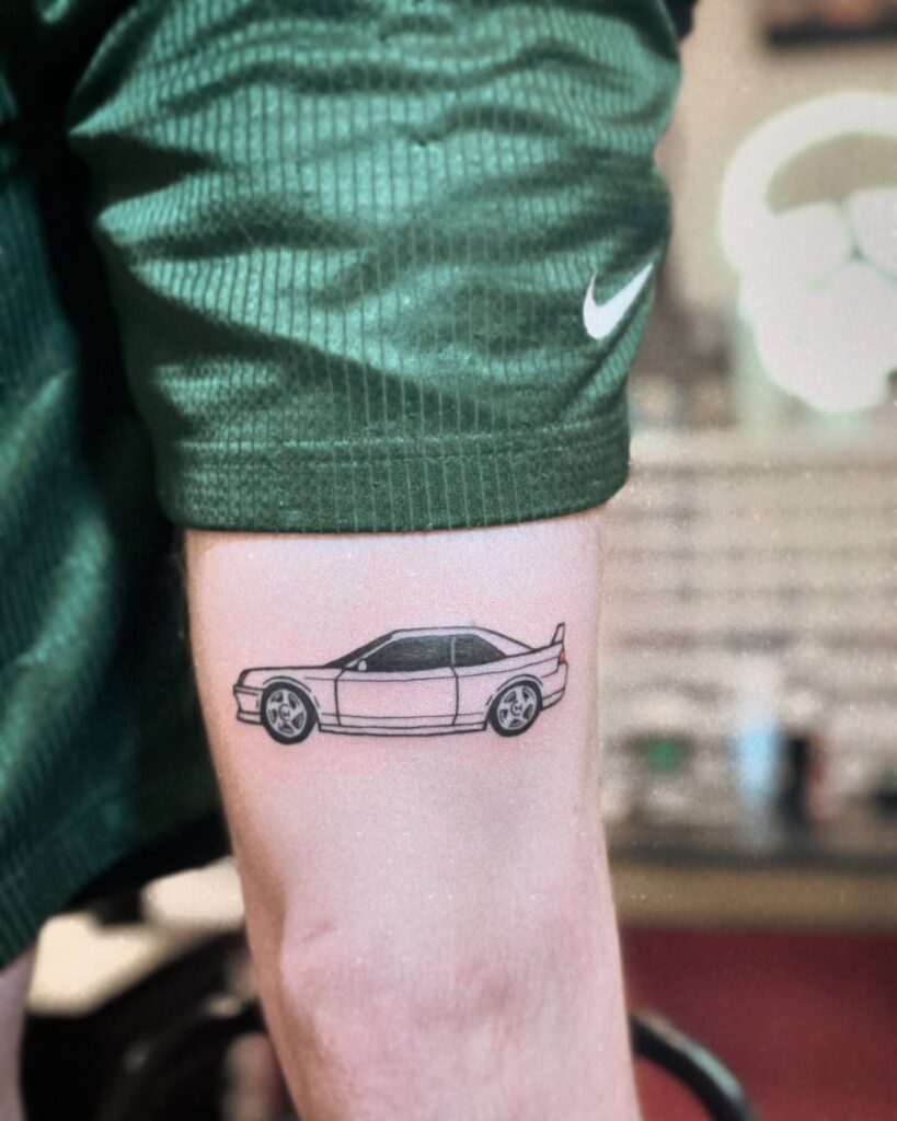 Minimalist Honda Prelude 2001 Tattoo with Clean Line-Art on Outer Forearm – Car Tattoo Ideas