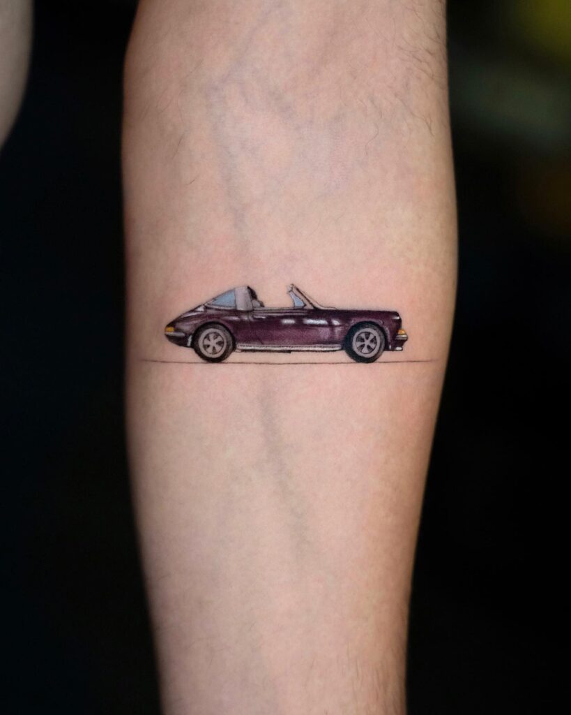 Minimalist Porsche Convertible Tattoo with Fine Detailing on Inner Forearm – Car Tattoo Ideas