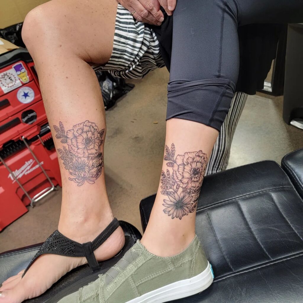 Mom and Daughter Flowers Tattoo on the Lower Leg Above the Ankle: Floral Bond
