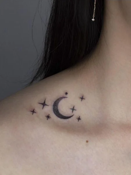 Moon and Star Tattoo Design on the Side of the Neck