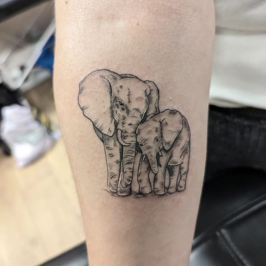 Mother and baby elephant side by side, touching heads on forearm: maternal bonding