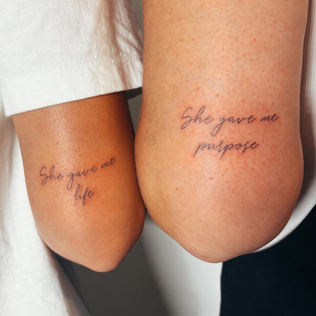 Mother-daughter cursive quote tattoo with deep meaning
