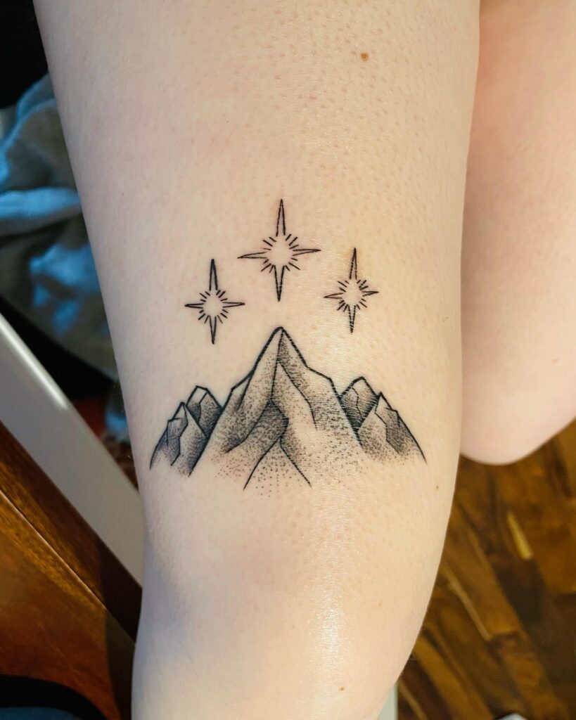 Mountains tattoo above-knee inspiration for enthusiasts