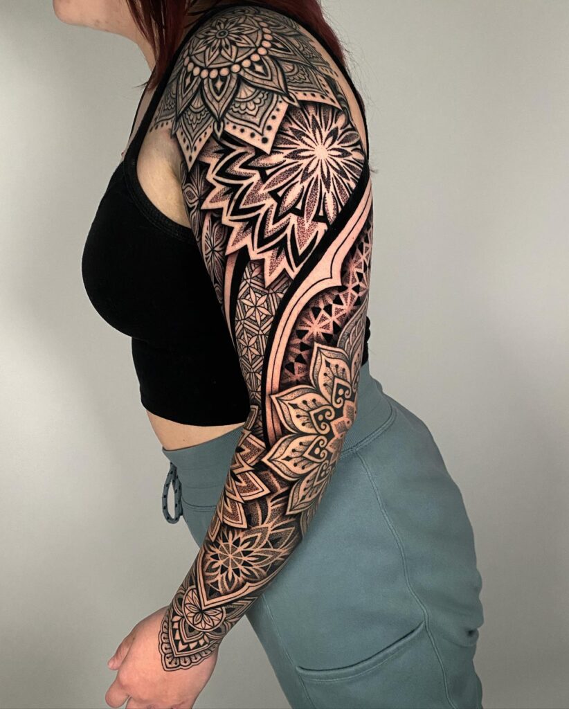 Mystical mandala full sleeve tattoo for females