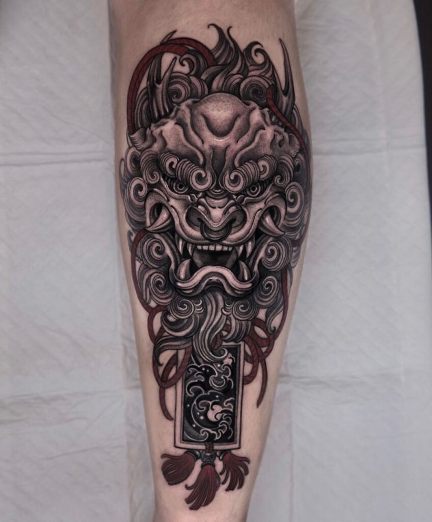 Mythical guardian in detail realistic fudog calf tattoo 