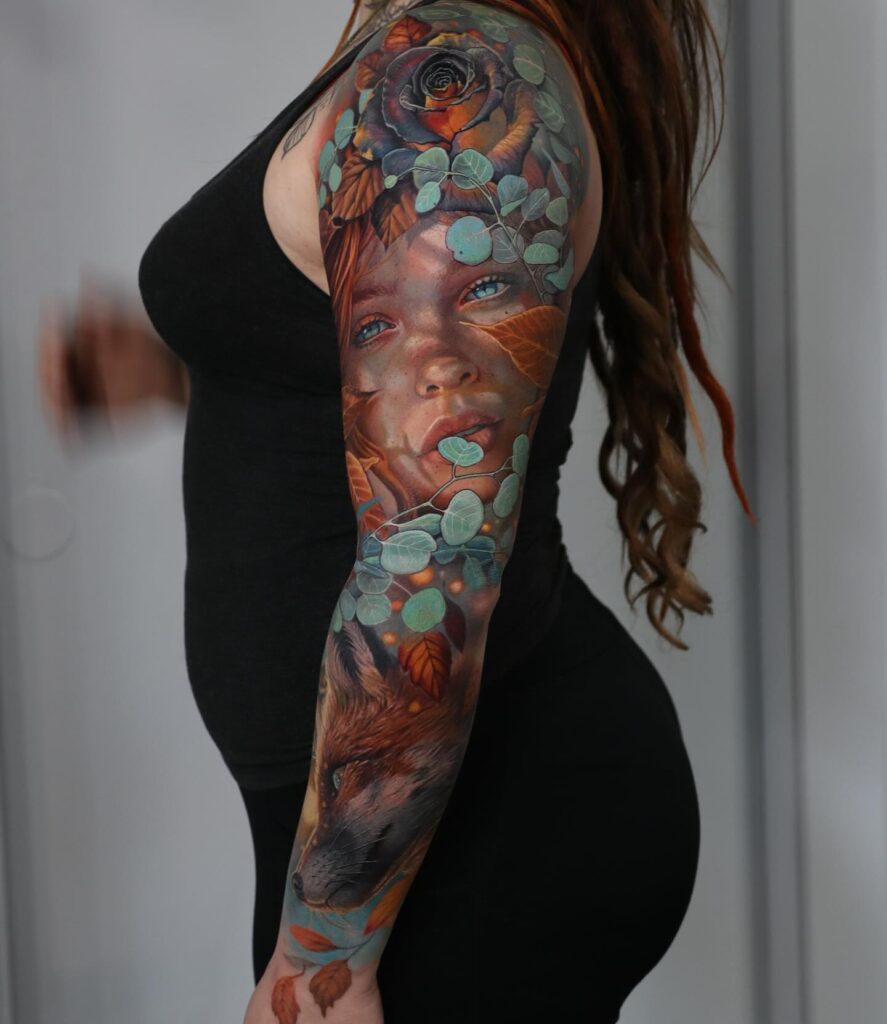Nature-Inspired Tattoo Sleeve with a Female Portrait and Majestic Fox