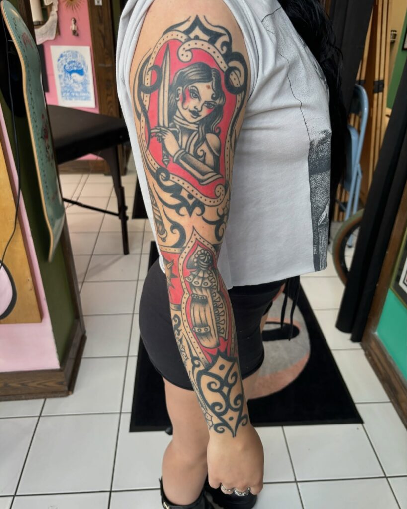 Neo-Traditional Warrior Tattoo Sleeve with Fantasy and Medieval Elements