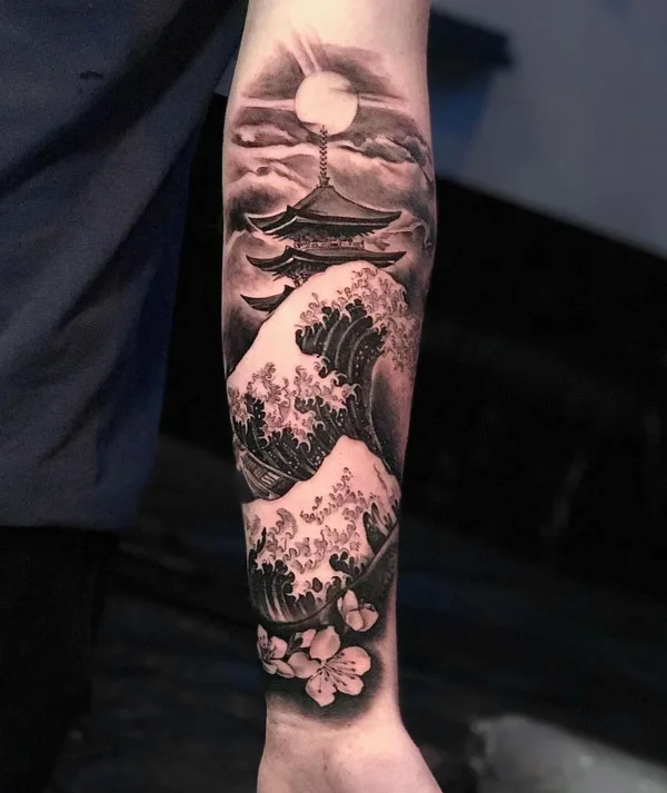 Ocean wave tattoo on forearm