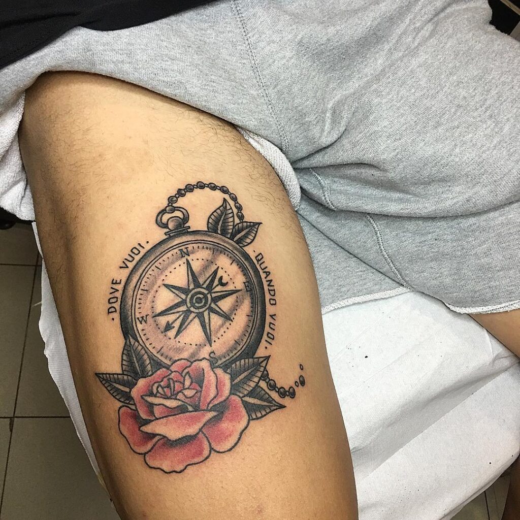 Old school compass and rose tattoo on the thigh: thigh expedition