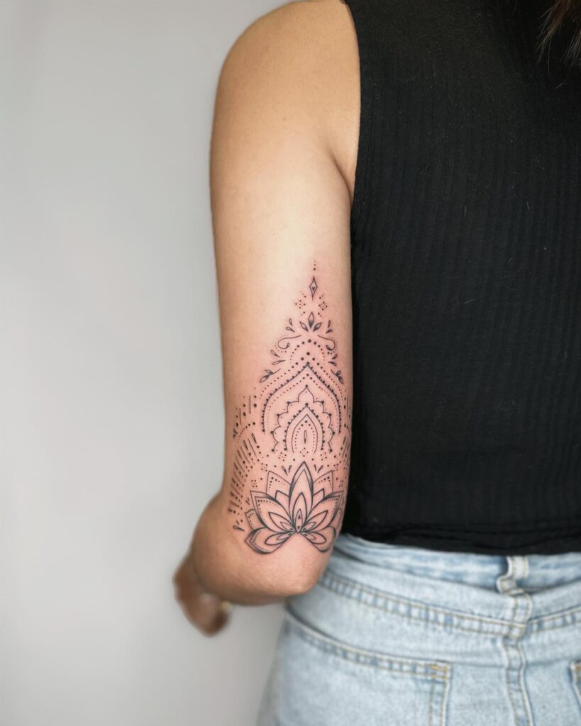 Ornamental Mandala Tattoo on the Back of the Elbow for Female: Elegance Unveiled