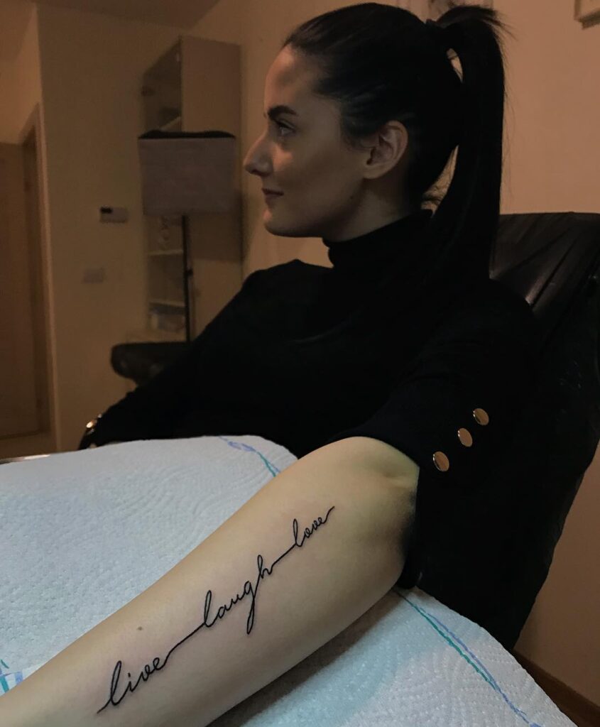 Outer Forearm Live Laugh Love Tattoo in Bold Ink: Forearm Statement