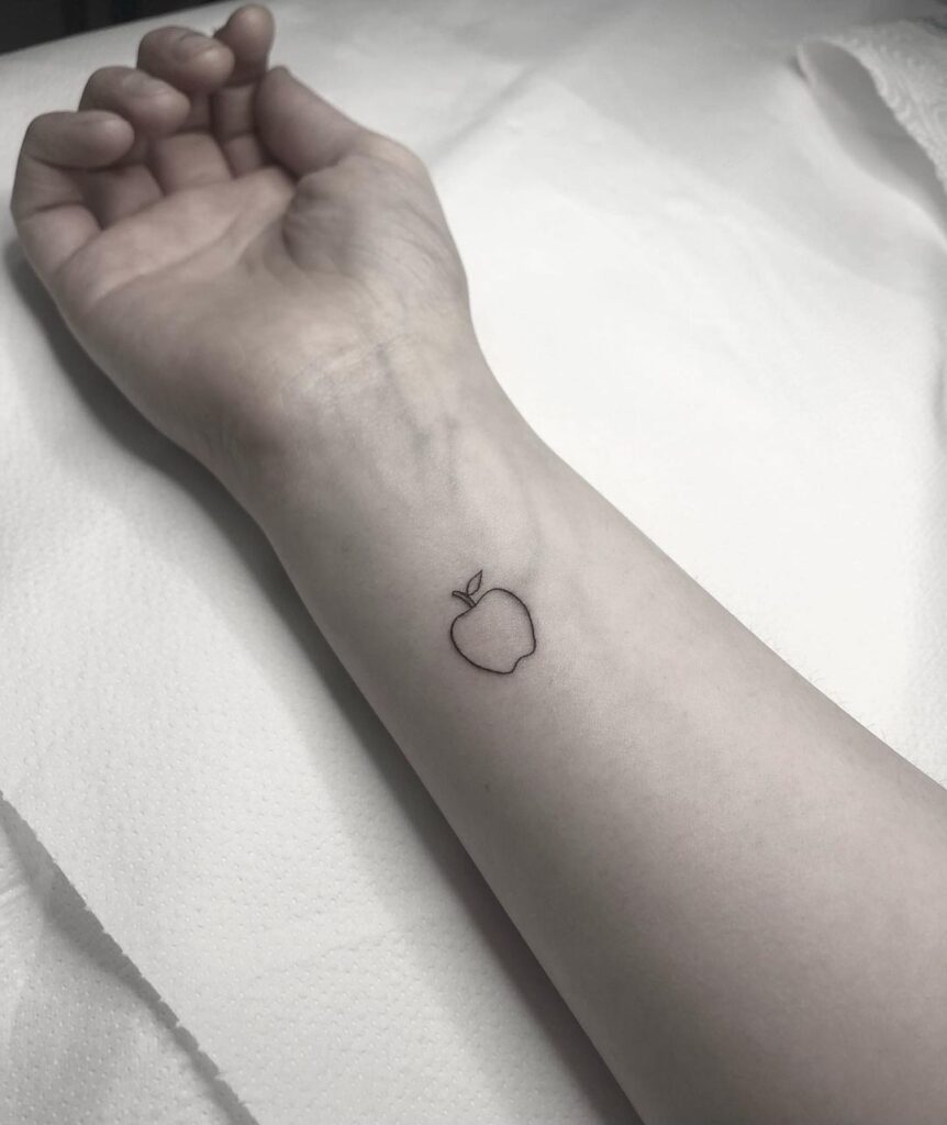 Outline apple tattoo inner wrist fruit fineline design