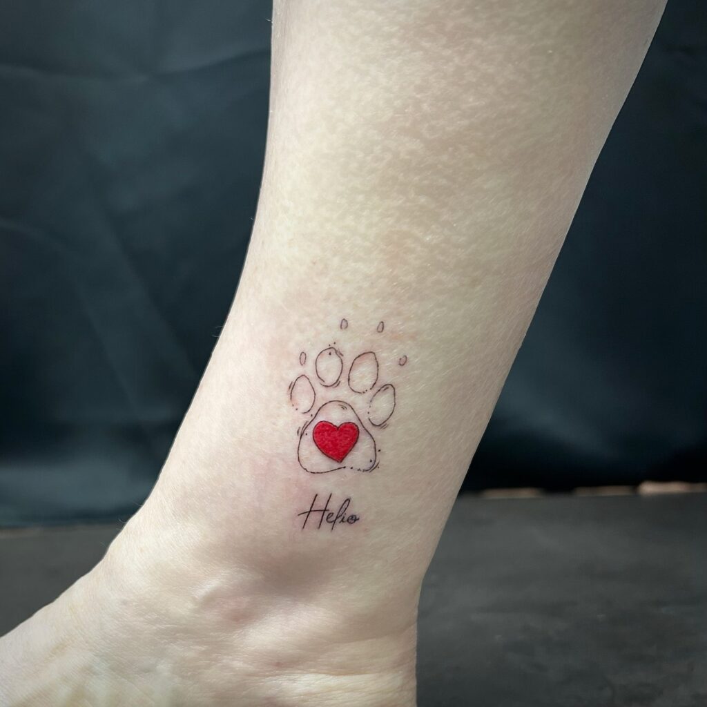 Outline Dog Paw Tattoo with Red Heart and 'Helio' Finline Lettering Below: Helio's Love