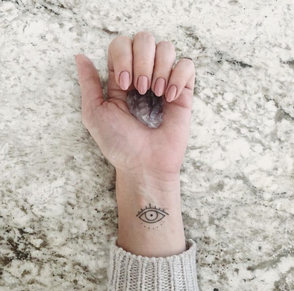 Outline Eye Tattoo Peeking from the Inner Wrist: Wrist Watcher