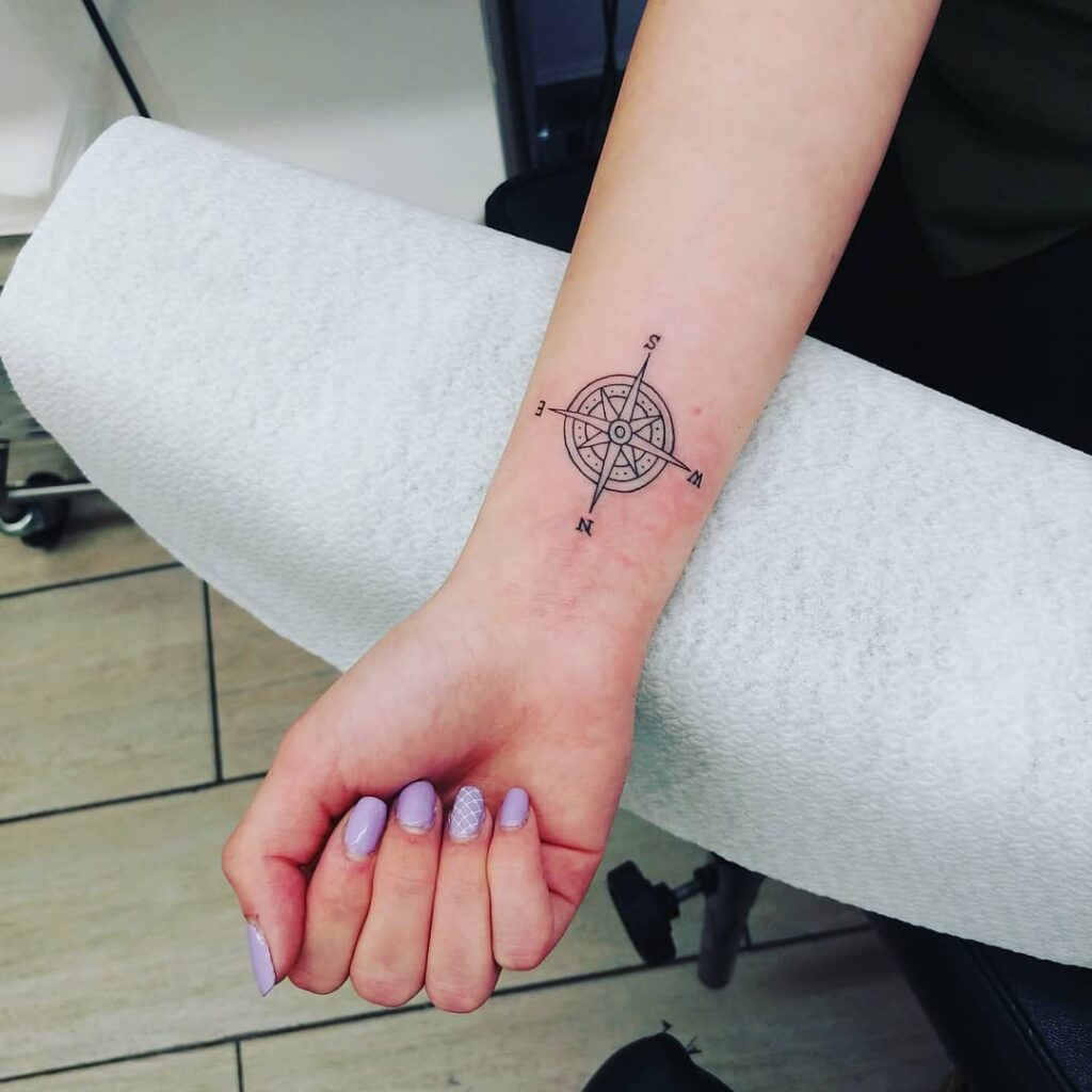 Outline-only compass wrist tattoo minimalistic elegance in ink