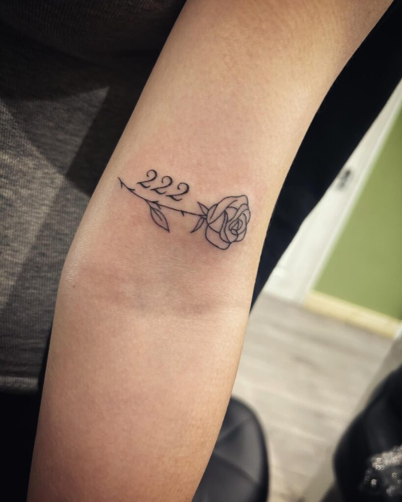 Outline Rose Tattoo Above 222 Text Tattoo on the Above the Elbow, a Floral Fusion: Rose Radiance 