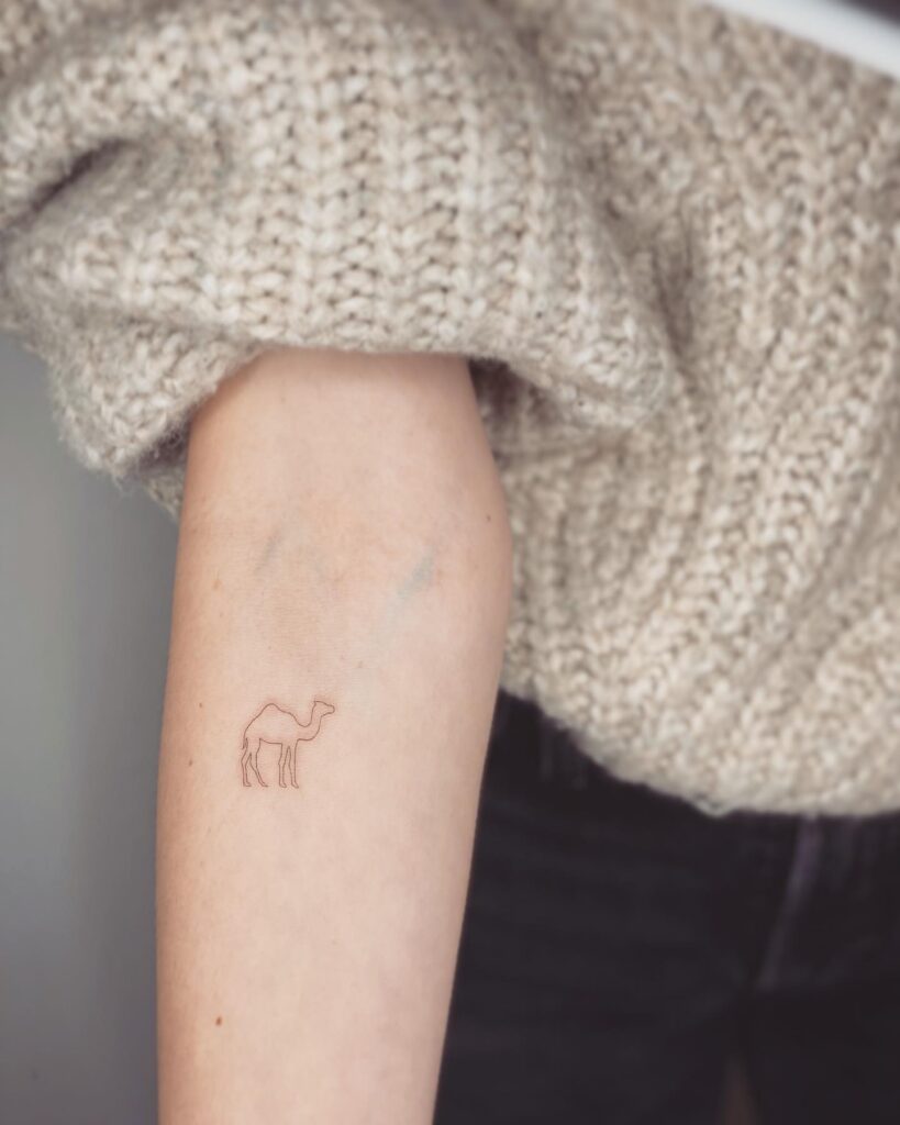 Outline Side View Camel Tattoo, a Unique Choice: Forearm Oasis