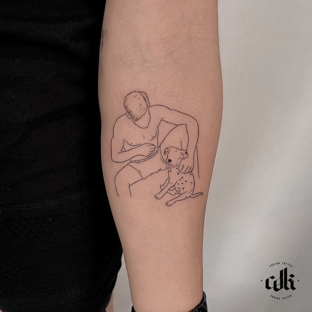 Outline Tattoo of a Dog and Man Sitting Below the Elbow: Unbreakable Friendship