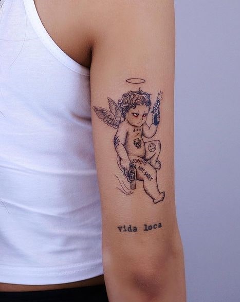 Outliner angel double gun tattoo with image Outliner angel double gun tattoo with image