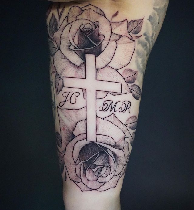 Outliner Pink Cross and Rose Tattoo on Hand or Forearm