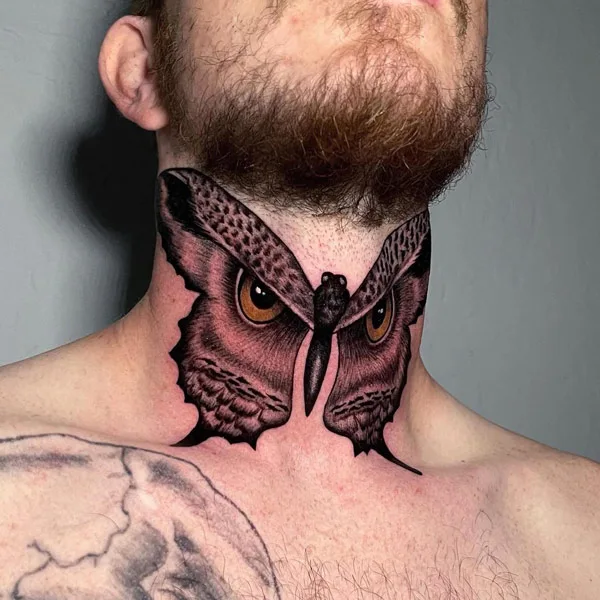 Owl Butterfly Neck Tattoo