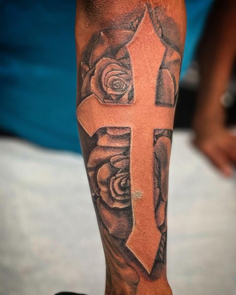 Inspirational Partially Shaded Cross With Rose Tattoo on Forearm