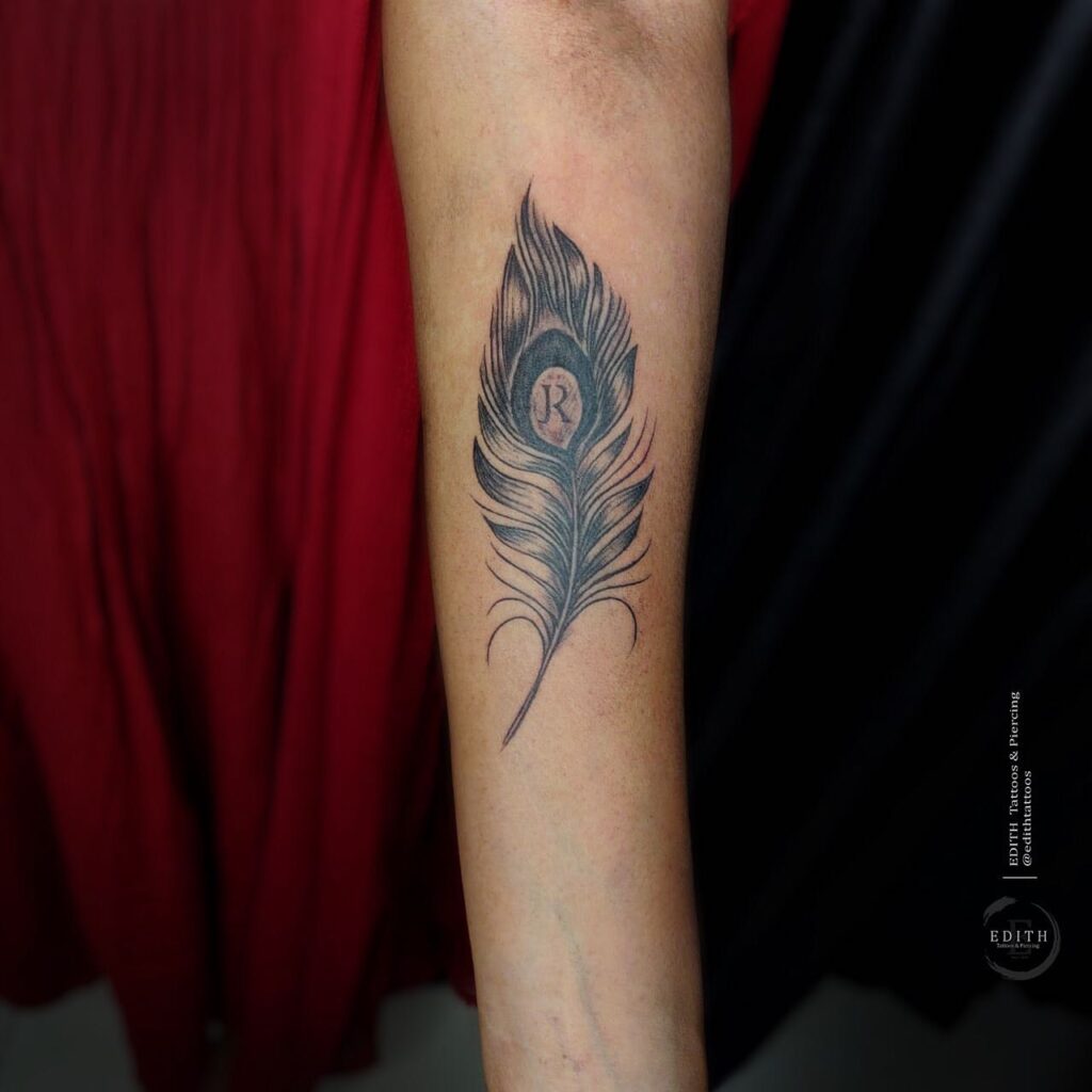 Peacock Feather with R Letter on Forearms Personalized Elegance