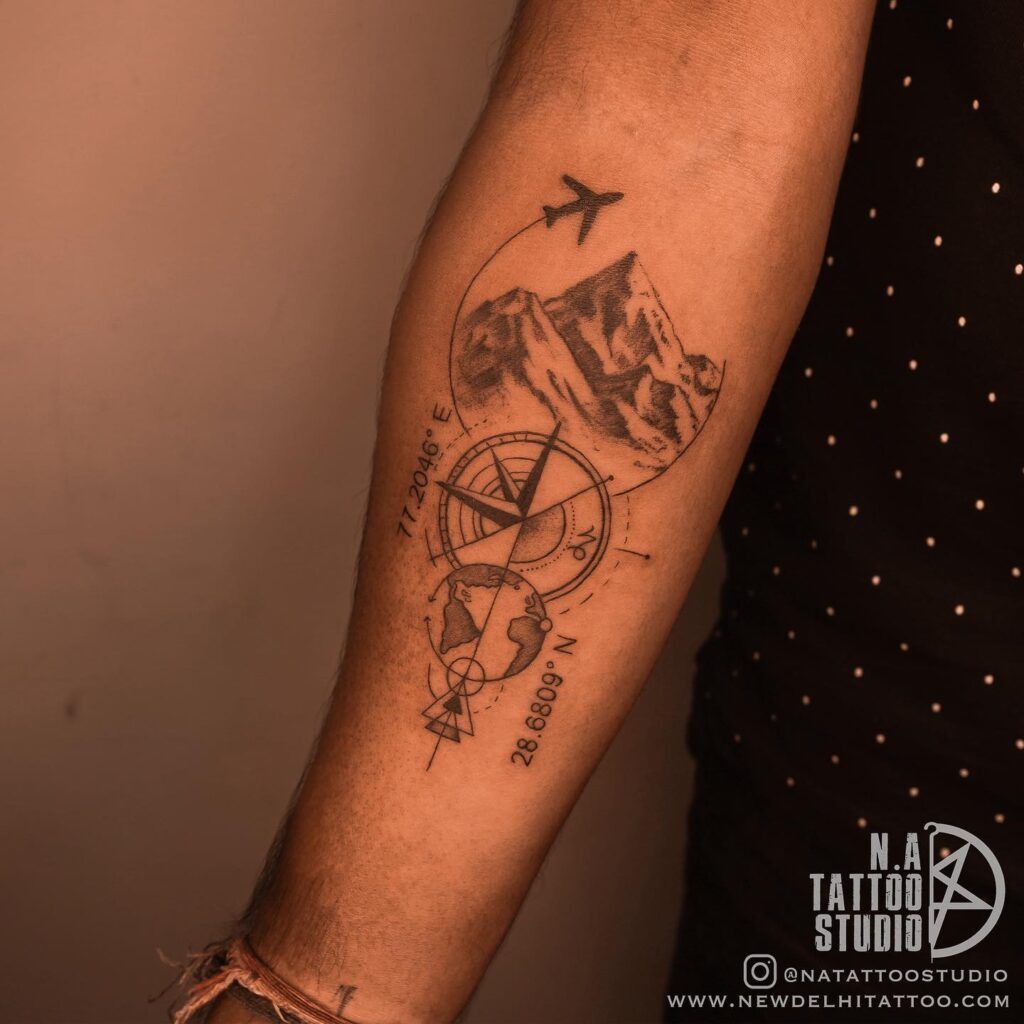 Peaks & valleys mountain peak with compass forearm tattoo