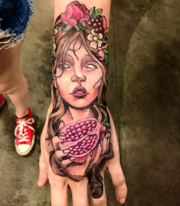 Persephone tattoo on hand