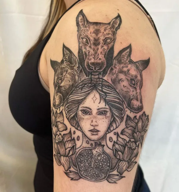 Persephone with Cerberus tattoo